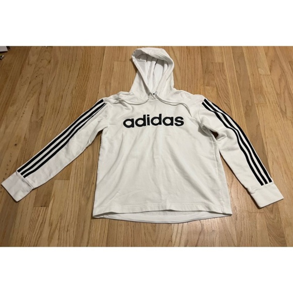 Adidas Hoodie Womens Medium White Long Sleeves‎ Pullover Black 3 Stripe Graphic